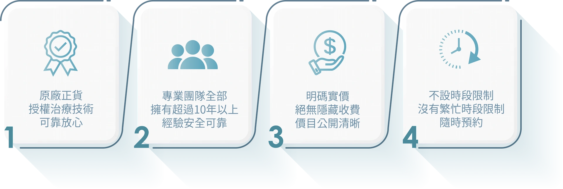 1原廠正貨 授權治療技術 可靠放心2專業團隊 全部擁有超過10年以上經驗 安全可靠3明碼實價 絕無隱藏收費 價目公開清晰4不設時段限制 沒有繁忙時段限制 隨時預約