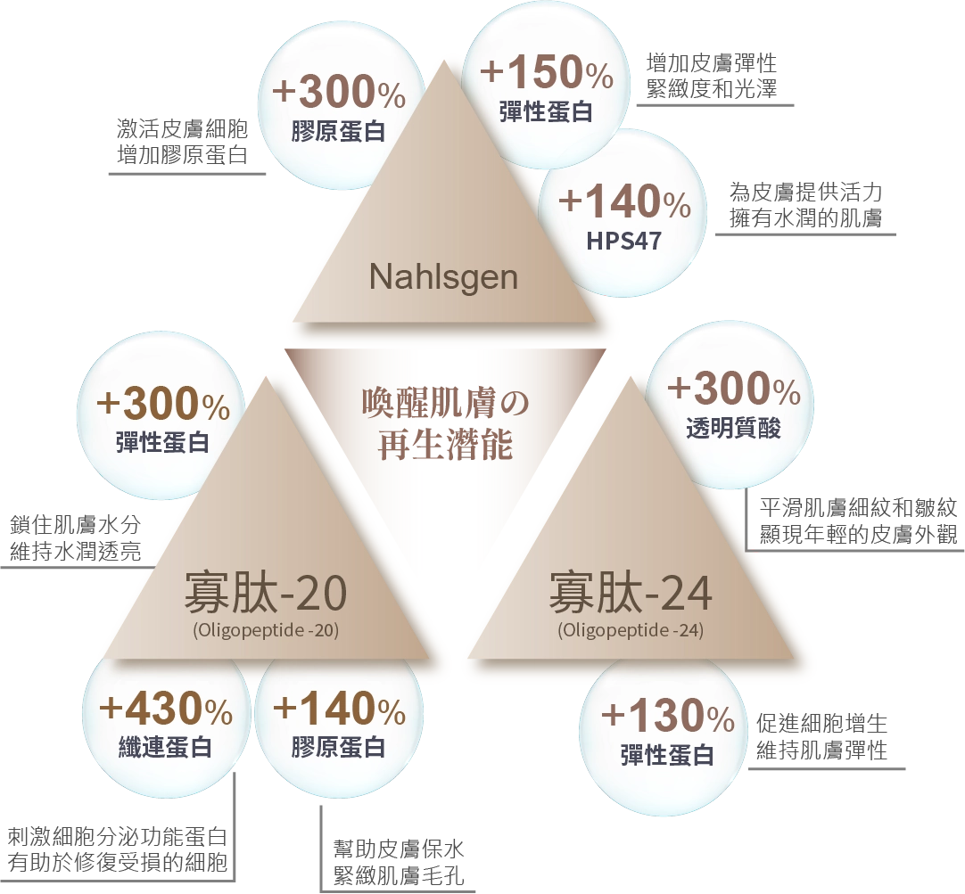 Nahlsgen喚醒肌膚の再生潛能 +300%膠原蛋白激活皮膚細胞增加膠原蛋白 +150%彈性蛋白增加皮膚彈性緻度和光澤 +140%HPS47為皮膚提供活力擁有水潤的肌膚 寡肽-20(Oligopeptide-20) +300%彈性質酸 平滑肌膚細紋和皺紋顯現年輕的皮膚外觀 +430%纖連蛋白刺激細胞分泌功能蛋白有助於修復受損的細胞 +140%膠原蛋白幫助皮膚保水緊緻肌膚毛孔 寡肽-24(Oligopeptide-24) +300%透明蛋白 鎖住肌膚水分維持水潤透亮 +130%彈性蛋白促進細胞增生維持肌鬳彈性